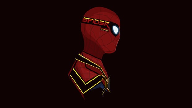 Pop art Spider Man character profile with red and yellow detailed suit on black background