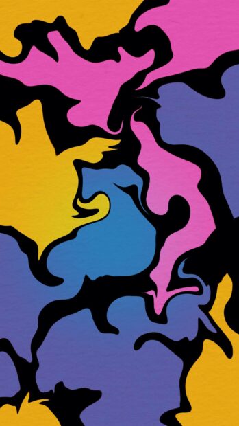 Abstract pop art with colorful shapes and bold black outlines in vibrant pink blue and yellow