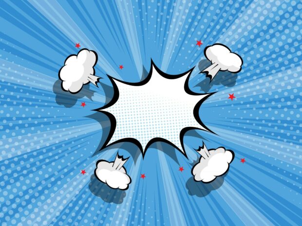 Blue pop art explosion with comic style cartoon clouds and red stars