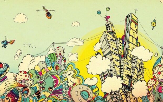 Colorful abstract doodle art with whimsical creatures and cityscape in pop art style