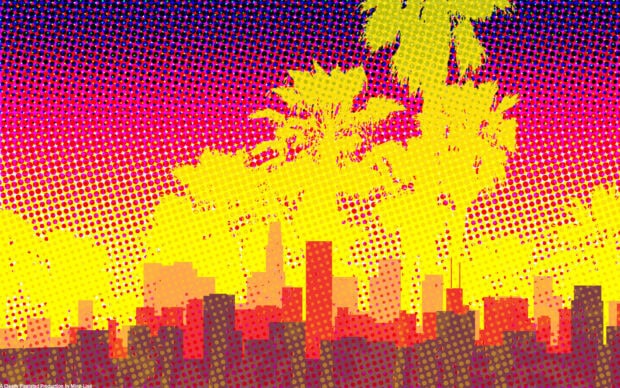 Yellow palm trees in pop art cityscape with pixelated style