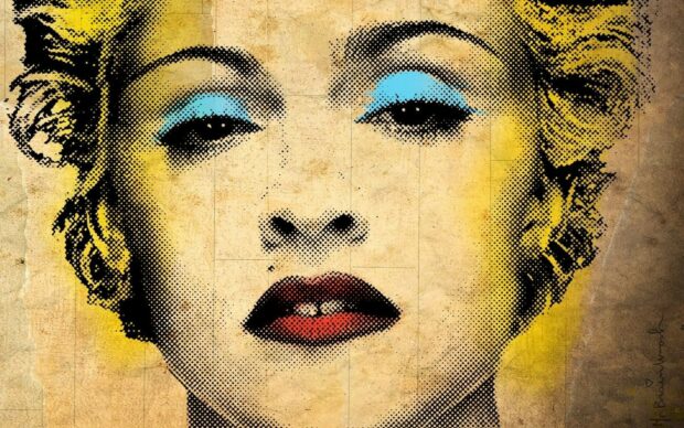 A detailed pop art portrait featuring vivid blue eyeshadow and red lips on a vintage style face