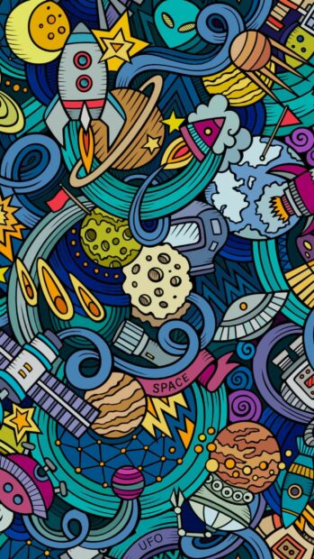 A colorful space themed cartoon with rockets planets and UFOs in pop art style