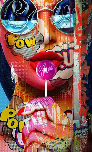 A colorful pop art featuring a woman with red lips and sunglasses holding a lollipop