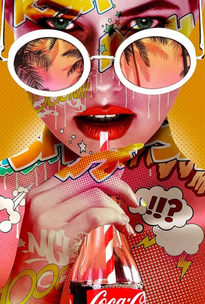 A vibrant pop art featuring a woman with colorful glasses and soda bottle in a retro style