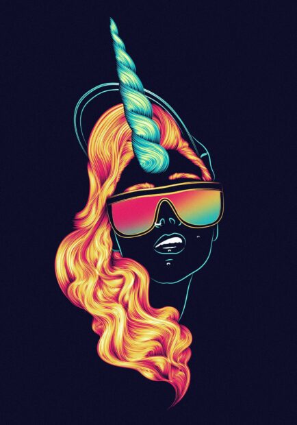 A vibrant pop art unicorn with flowing hair and futuristic sunglasses in neon colors