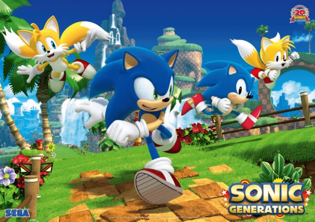Sonic characters running in a lush green field with waterfalls and hills in the background