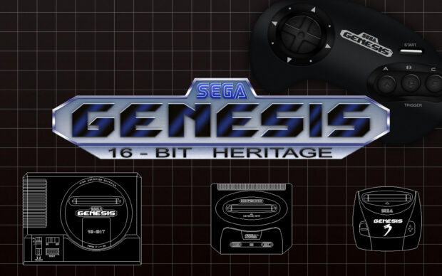 The Sega Genesis console and controller with 16 bit heritage logo on a dark grid background