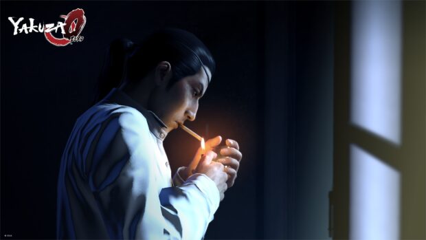 A Sega character lighting a cigarette in a dark room from the Yakuza series