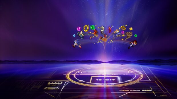 Sega classic characters flying above a glowing 16 bit Sega console blueprint in a purple night sky