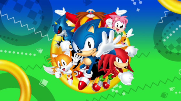 Sonic and friends from Sega posing with golden rings on a colorful background