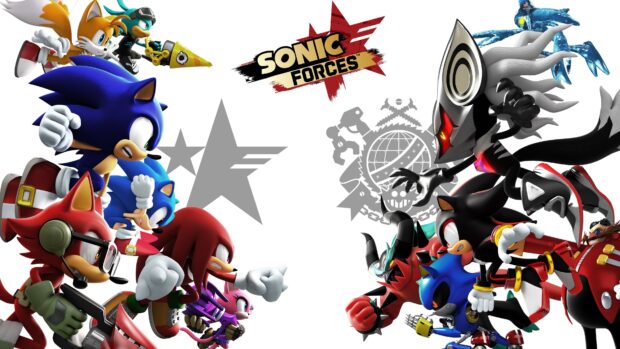 Sonic characters from Sega game Sonic Forces facing off in an intense battle scene