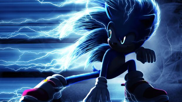 Sonic inspired character with electric blue lightning effects in dynamic pose