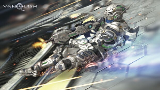 A futuristic soldier in advanced armor rushing forward in a high tech battle scene from Vanquish