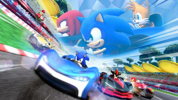 Sonic racing in high speed karts on a colorful track with characters from Sega games