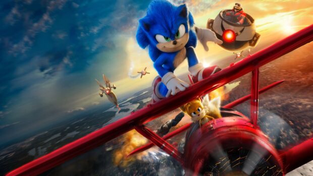 Sonic the Hedgehog and Tails flying on a red plane in an action packed Sega scene