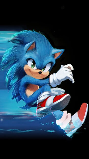 Sonic character running fast in vibrant blue fur with red shoes and white gloves in a dynamic pose