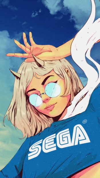 Girl wearing a Sega shirt with sunglasses and horns posing under a bright sky