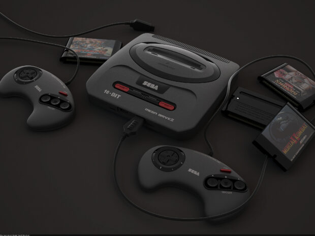 Sega Mega Drive II console and controllers with classic game cartridges in a dark setting