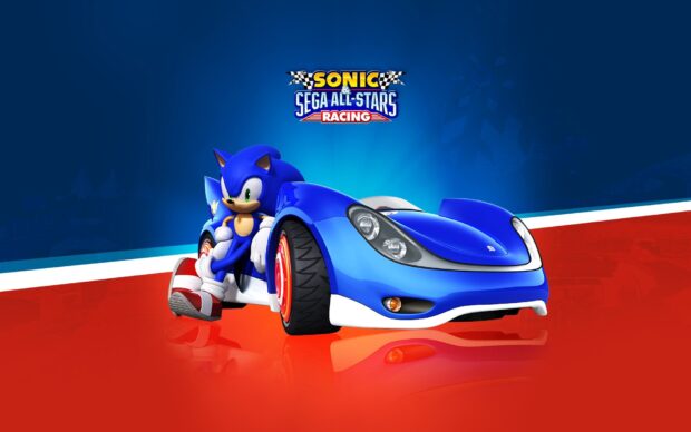 Sonic from Sega leaning on a blue sports car in vibrant racing colors