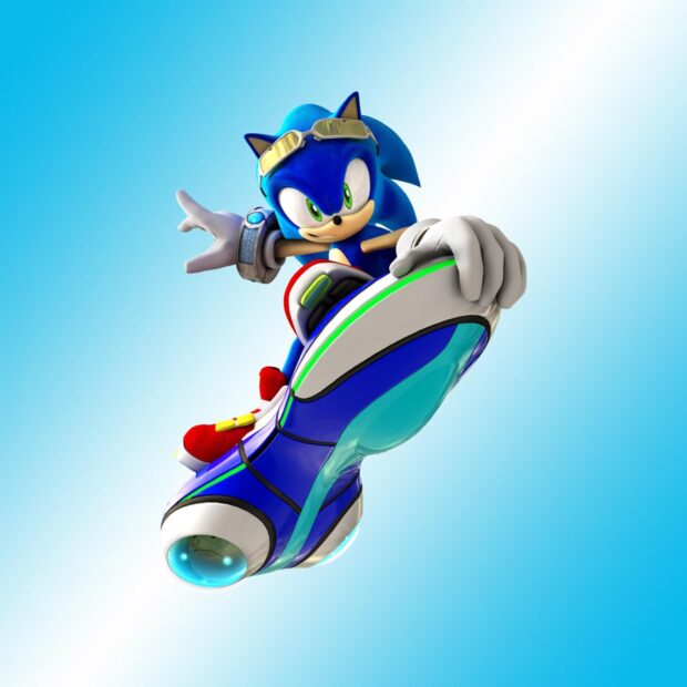Sonic riding a futuristic hoverboard in vibrant blue colors with a confident pose