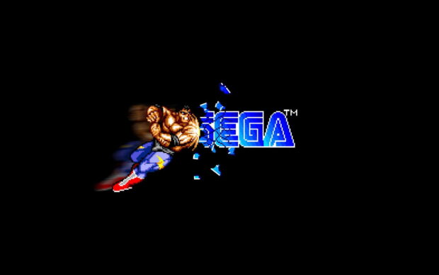 A muscular pixelated fighter punching through the Sega logo in a retro arcade style