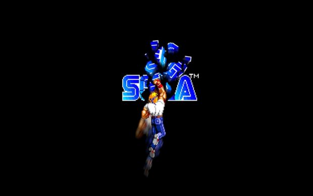 A pixelated character breaking the Sega logo in an action pose
