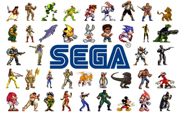 Classic Sega characters in pixel art style featuring popular heroes and creatures from Sega games