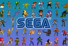 Classic Sega characters in pixel art style surrounding the Sega logo on a blue background