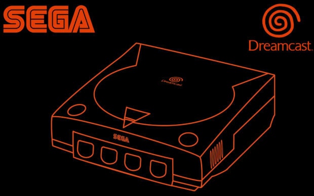 Classic Sega Dreamcast console outline in orange on black background with Sega logo