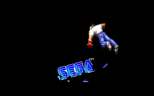 A classic Sega character performing a move above the Sega logo on a black background