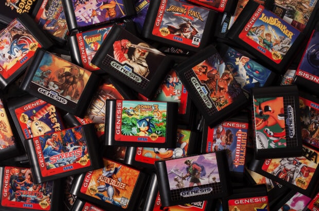 Classic Sega Genesis games collection with popular retro titles in vibrant colors