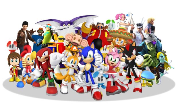 Sega characters from various games posing together in a colorful group scene