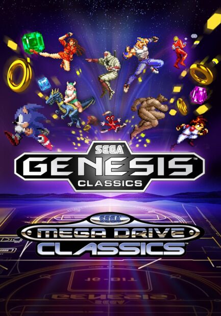 Sega Genesis classics characters in pixel art style with rings and gems in space background