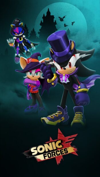 Sonic Forces characters dressed in Halloween costumes in front of a spooky castle silhouette