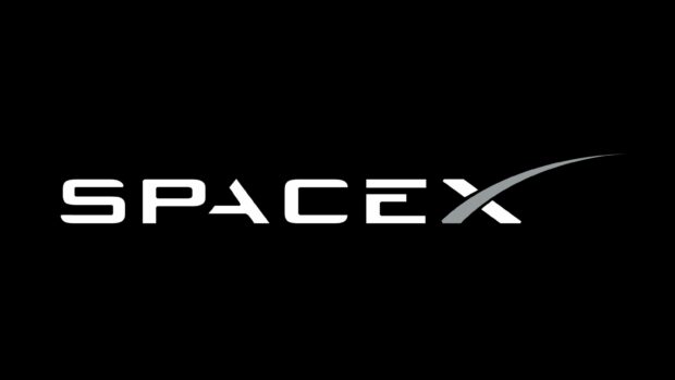 SpaceX logo design on a black background with a sleek curved line element