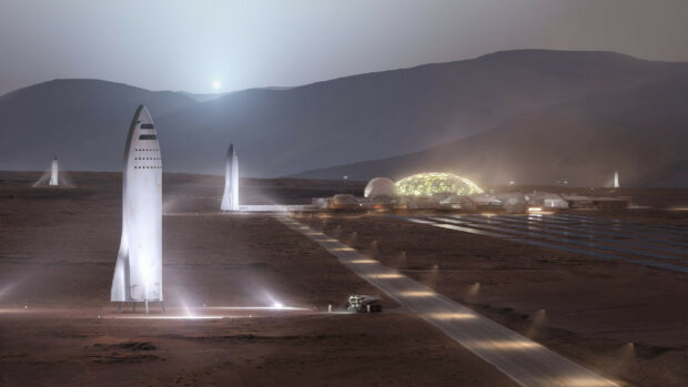 SpaceX rockets standing on the surface with a futuristic settlement under a bright sun
