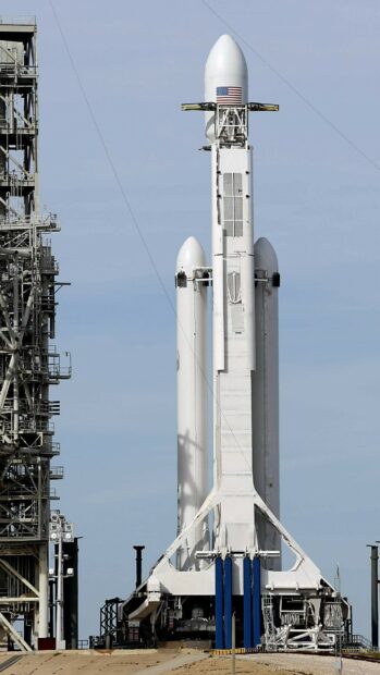 SpaceX Falcon Heavy rocket on the launchpad showing the United States flag