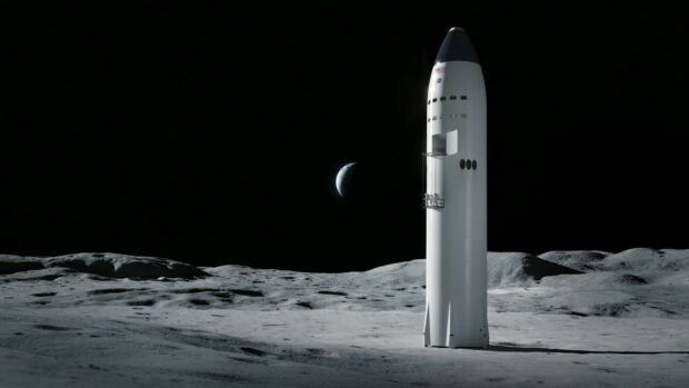 Spacecraft on the moon surface with Earth visible in the background and spacex rocket standing