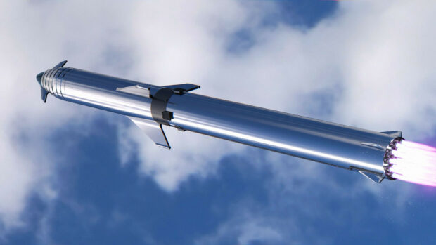 SpaceX rocket soaring through the sky with purple engine flames against a cloudy background