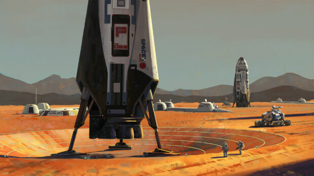 Two astronauts explore the Spacex Mars colony with rockets and rovers on the red planet surface