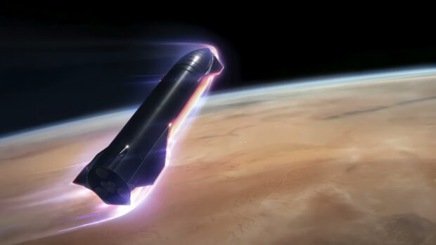 Starship glowing as it reenters the atmosphere above a planet surface