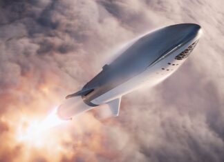 Starship flying above clouds with fiery rocket propulsion in high altitude atmosphere