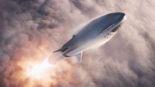 Starship flying above clouds with fiery rocket propulsion in high altitude atmosphere
