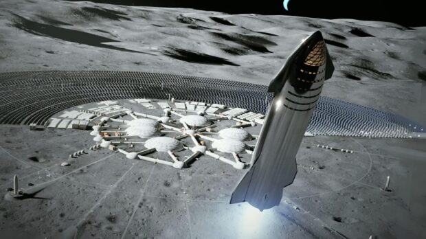 A futuristic starship landing near a lunar colony complex on the moon surface