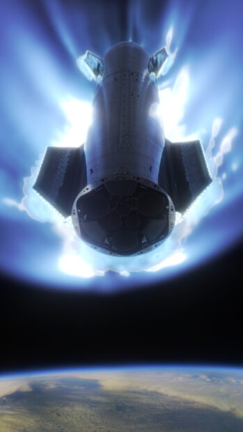 Starship soaring above Earth with bright thrusters lighting up space