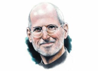 A detailed portrait of Steve Jobs with glasses and a gentle smile