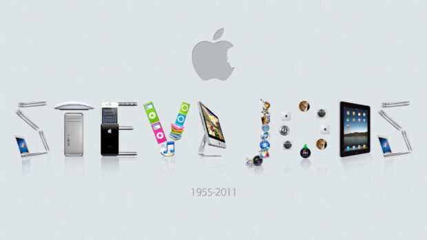 Steve Jobs tribute with Apple products forming his name and years of birth and death visible