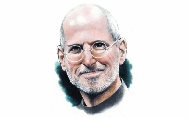 A detailed portrait of Steve Jobs with glasses and a gentle smile