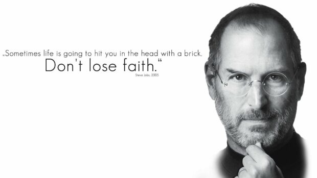 Steve Jobs with inspirational quote about faith and life challenges in black and white portrait